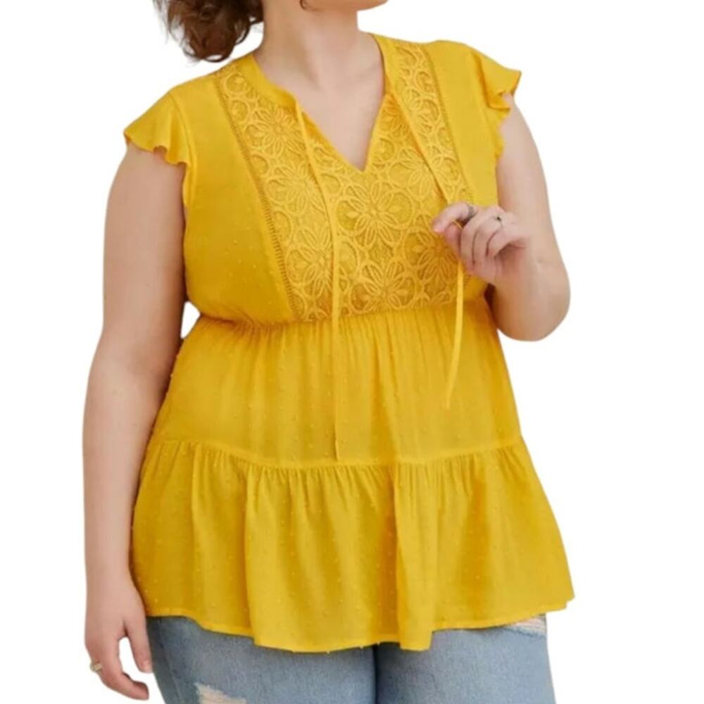 Torrid Yellow Boho Cottage Chiffon Swiss Dot Crochet Inset Tie Front Top